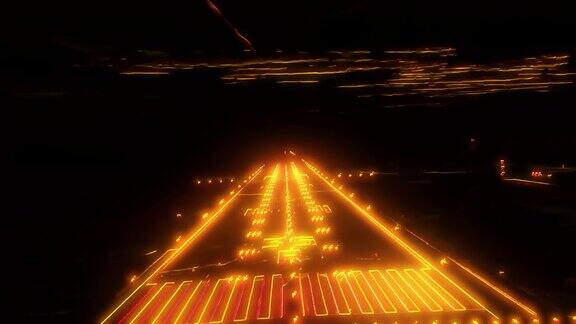从驾驶舱的角度看飞机降落在机场跑道上的动画发光的金色边缘数字艺术
