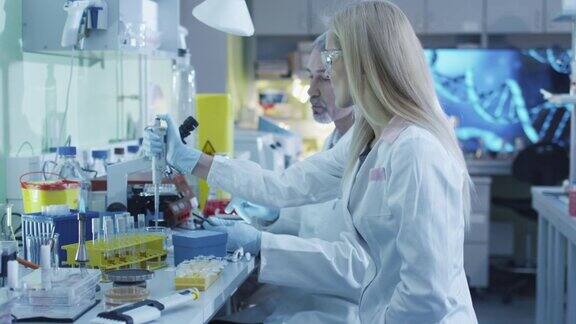 一队身穿白大褂的白种人科学家正在一个现代化的实验室里工作