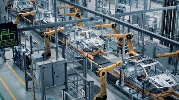 汽车工厂3D概念:自动化机器人手臂装配线制造高科技绿色能源电动汽车