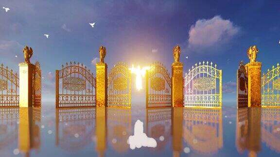 金色的天国之门打开映出闪耀的天使和飞翔的白鸽4K