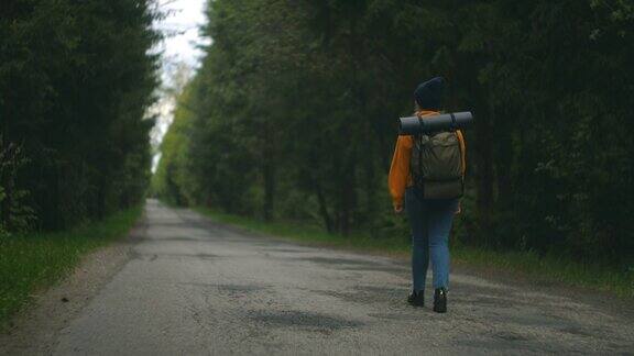 慢镜头:一名年轻女子在秋天的森林里徒步旅行积极健康的白种女性背着背包拿着木头女性旅行者与徒步森林后视图休闲生物旅游徒步旅行