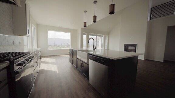 开放式概念全新豪华住宅木地板专业厨房客厅和壁炉