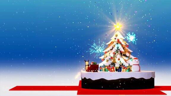 打开圣诞树的背景装饰圣诞树用礼品盒和圣诞老人快乐和鹿动画抽象圣诞礼物问候明信片4k循环