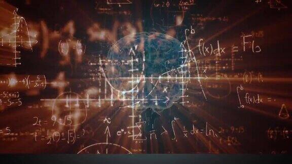 动画人类大脑旋转数学方程式在黑板上
