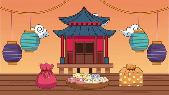 春节快乐有中国的房子和食物
