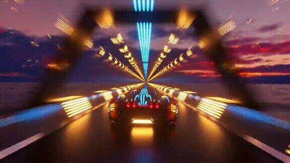 汽车以高速行驶在无尽的霓虹灯技术隧道中未来3d动画无缝循环
