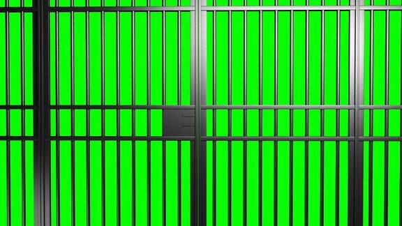 打开和关闭监狱铁栏门与阿尔法哑光和绿色屏幕