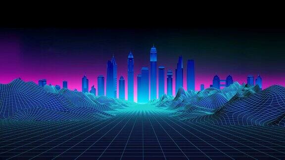 Synthwave线框的风景城市的夕阳80年代复古未来主义背景FullHD无缝循环