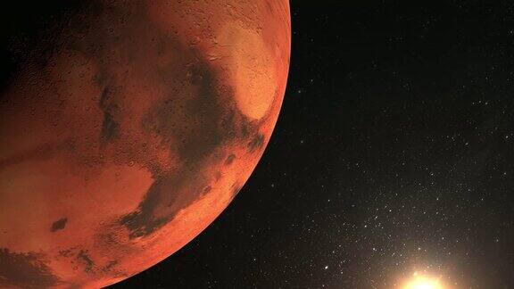 火星照相机环绕火星飞行太阳在画框里从空间在画面左边的行星星星闪烁4k