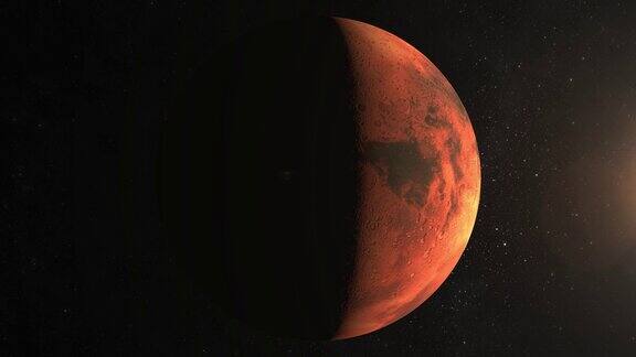 火星照相机环绕火星飞行从空间地球被太阳照亮了一半星星闪烁4k太阳在右边