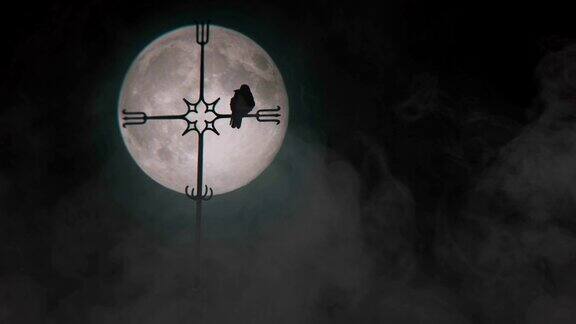 乌鸦栖息在月亮映出的教堂尖顶上