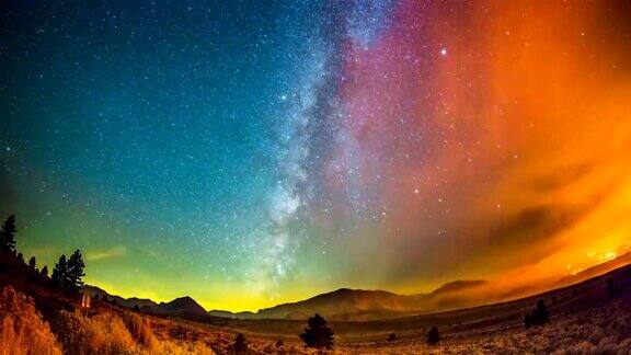 时间流逝-美丽的银河越过山脉与Cloudscape