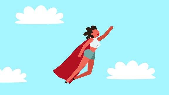 简笔画人物彩色象形图形女人女孩角色超级英雄飞起来在天空卡通动画亮度不光滑的