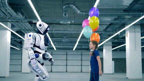 现代机器人送气球给小女孩侧视图