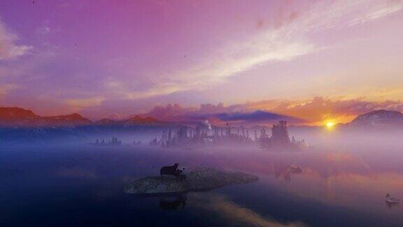 在一个被水和山环绕的孤岛上在美丽的日落下钢琴演奏4K