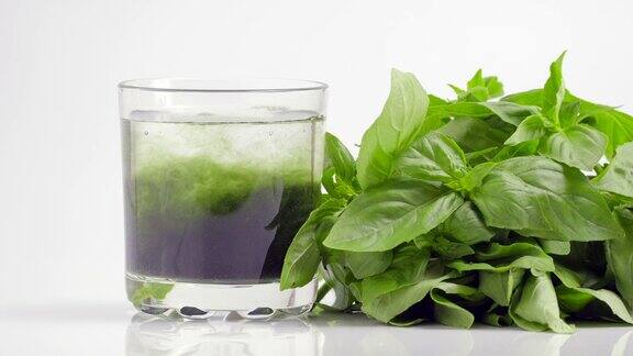 叶绿素提取物和罗勒倒在纯净的水在玻璃的白色背景和绿色有机罗勒草本种植新鲜植物健康食物超级食物概念排毒饮食慢动作