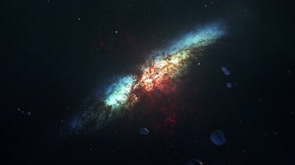 太空飞行外太空探索旅行到小宏伟星暴星系梅西耶82云4K三维循环空间探索到小宏伟星暴星系M82