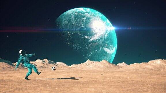 穿着太空服的宇航员在外星球踢足球慢慢地射击