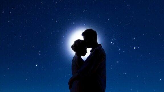 夜晚相遇的情侣在星空和皎洁的月光下温柔地拥抱着