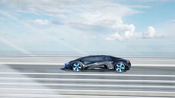 桥上黑色未来汽车的3d模型开车非常快未来现实的4k的动画
