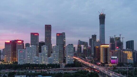 PAN鸟瞰图北京CBD区域黄昏到夜晚的过渡