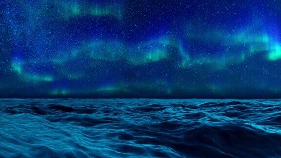 北极光在夜空中平静的海洋表面的3D动画