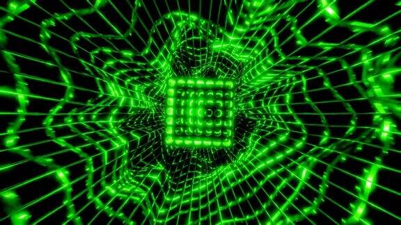 绿色立方体在科幻隧道vj环复古霓虹灯风格