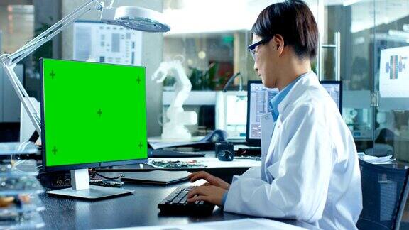 坐在办公桌前的亚洲科学家在一台模拟绿色屏幕的个人电脑上工作在计算机科学研究实验室的机械臂模型