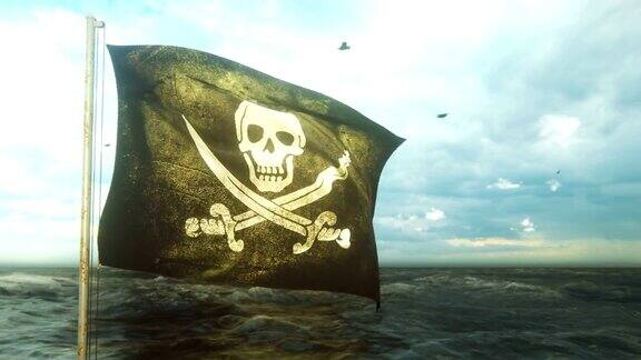 带有海盗旗的海盗旗海盗旗在风中飘扬乌云密布的天空映衬着暴风雨前的大海循环动画