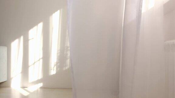 风从房间开着的窗户吹进来在窗边挥动着白色薄纱早晨的阳光照亮房间阴影背景覆盖