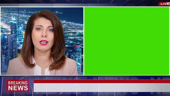 4K视频:女新闻广播员用绿色屏幕展示突发新闻的模型使用