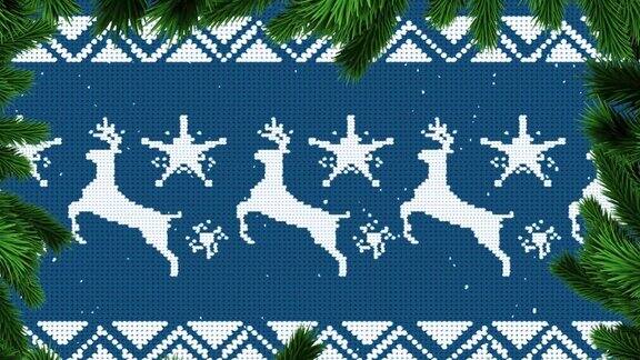 绿色的树枝在圣诞节的传统图案与驯鹿在蓝色的背景
