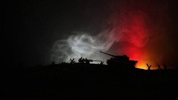 战争军事剪影战斗场景的战争雾天空背景攻击的场景装甲车辆和步兵创造性的成分