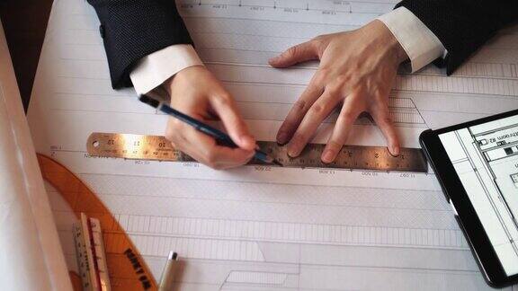 女建筑师拿着铅笔在为建筑计划绘制蓝图
