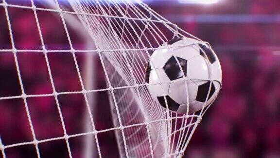 美丽的足球进球在世界杯比赛卡塔尔颜色慢动作特写:球飞进操场的网里足球游戏有趣的3d动画体育