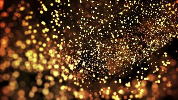 黄金颗粒在液体中漂浮并闪闪发光背景与金光闪闪的粒子景深和散景Luma哑光切割发光粒子用于节日展示4k的3d动画46