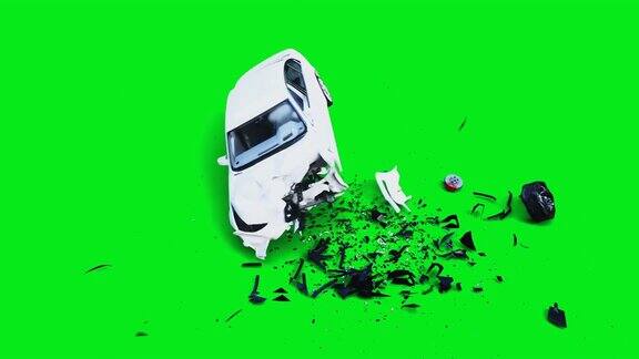 白色通用3d汽车撞到看不见的墙车祸绿色屏幕4k动画