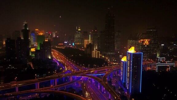 中国夜间照明上海著名交通路口航拍全景4k