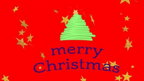 圣诞快乐文字动画与圣诞树和星星在红色的背景