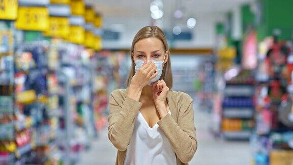 肖像美丽的女孩戴着医用口罩在超市在新冠肺炎期间购物4kProRes