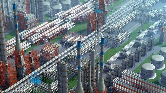 石油和天然气炼制工厂工厂清晰的等距视图橙色红色工业石油区管道钢和储油罐无人机飞越植物上空射击生成的3d图像背景的计划