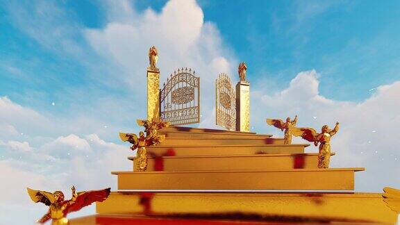 金色的阶梯带着飞翔的天使迎着阴霾的天空和白鸽来到天堂的大门