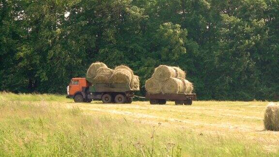 用汽车拖车运输收获的干草卡车沿路运送干草堆农民从地里收割粮食