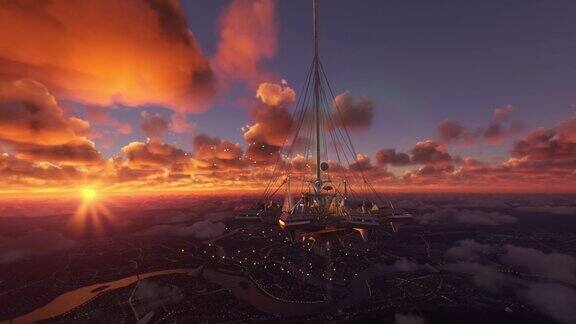 日落时分的未来之城科幻城市上空的圆形航拍