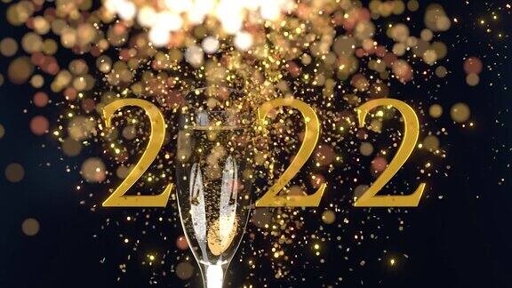 在4K分辨率的香槟酒杯上新年快乐的文字像圣诞饰品一样悬挂在新年贺卡的背景上