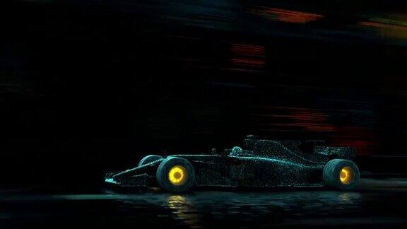 一辆未来的赛车在一个由发光的霓虹灯数字点组成的隧道里
