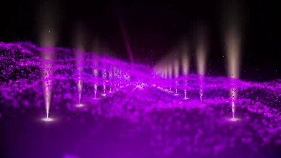 动画紫色粒子移动在红地毯会场与从地板上向上的照明行
