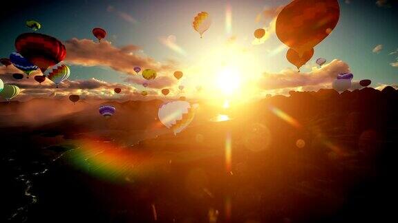 气球飞过群山环绕的湖面美丽的日出相机升降