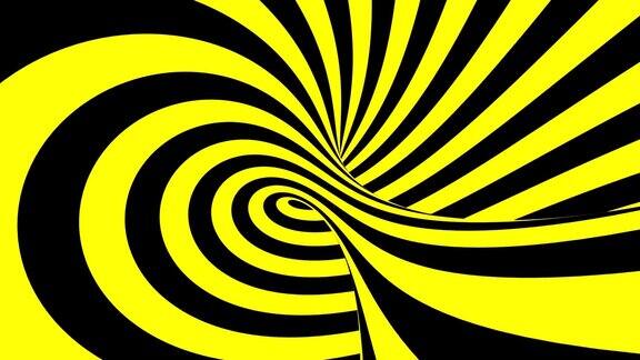 黑色和黄色的迷幻视错觉抽象催眠动画背景螺旋几何循环警告墙纸