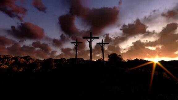 十字架上的耶稣有橄榄的草地时光流逝日出